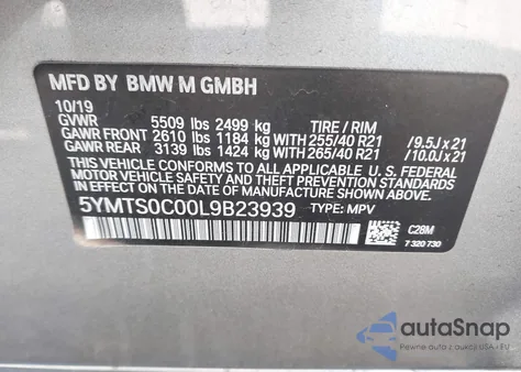 2020 BMW X3 M Competition z USA, uszkodzony, nr VIN 5YMTS0C00L9B23939